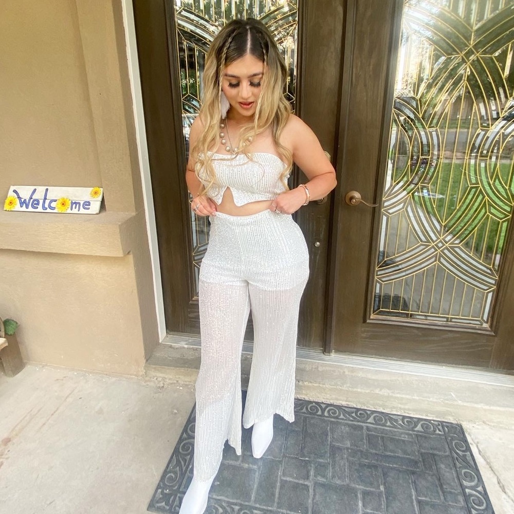 Split Hem Sequin Tube Top & Flare Leg Pants